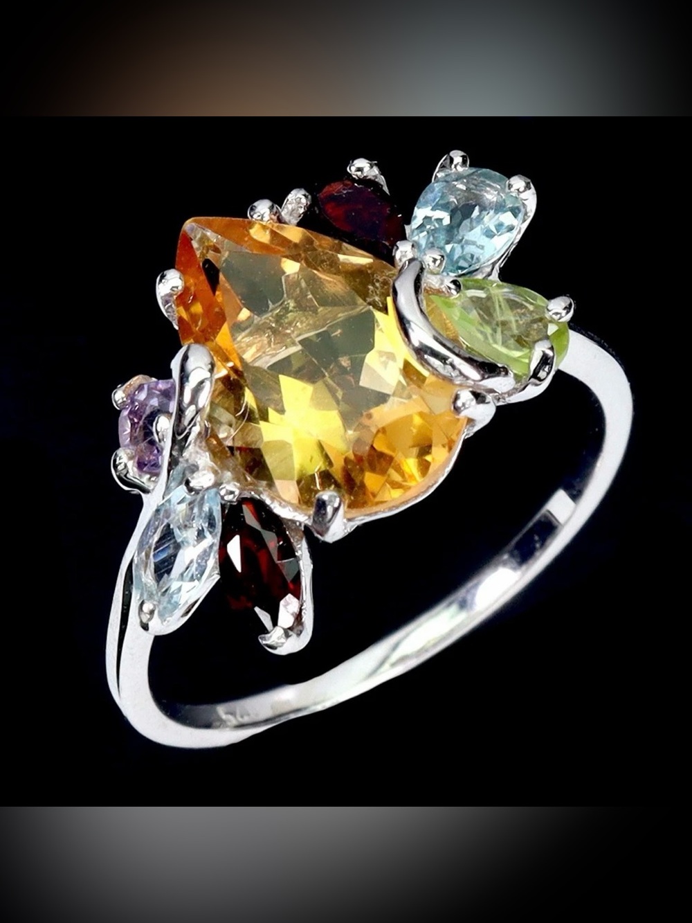 Stunning Natural 3.45CT Citrine Garnet Topaz & Peridot 925 Sterling Silver Ring